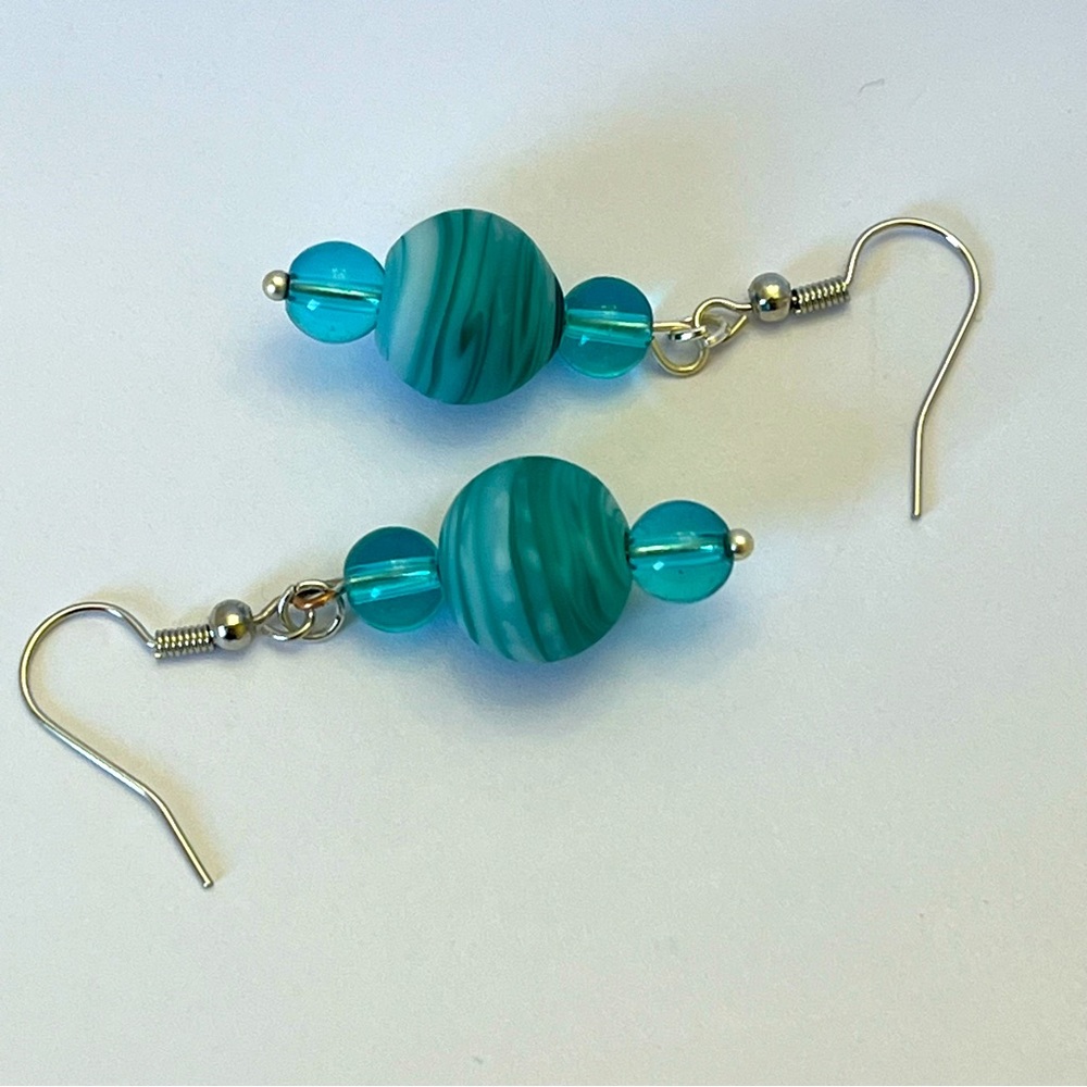 Turquoise Blue Glass Bead and Striped Lampwork Bead Handmade Dangle Earrings